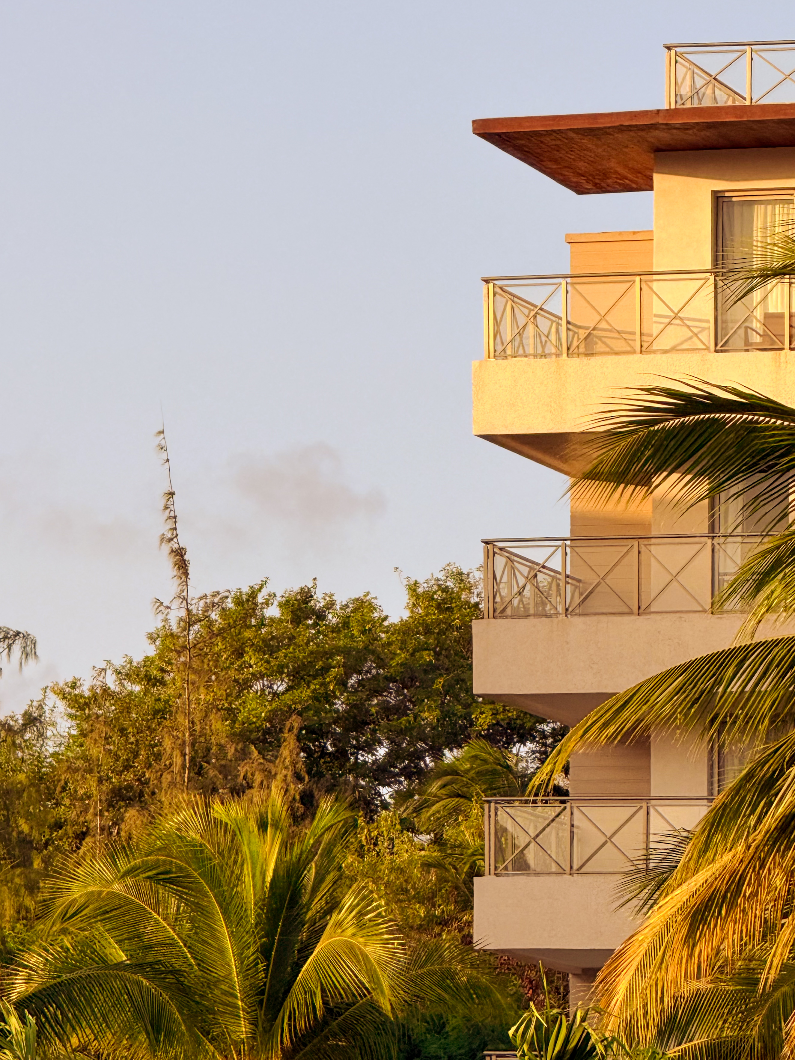 Boutique hotel architecture at golden hour, St. Lucia Caribbean